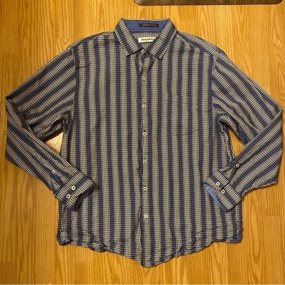Tommy Bahama Blue Striped Button‎ Down Cotton Silk Blend Shirt